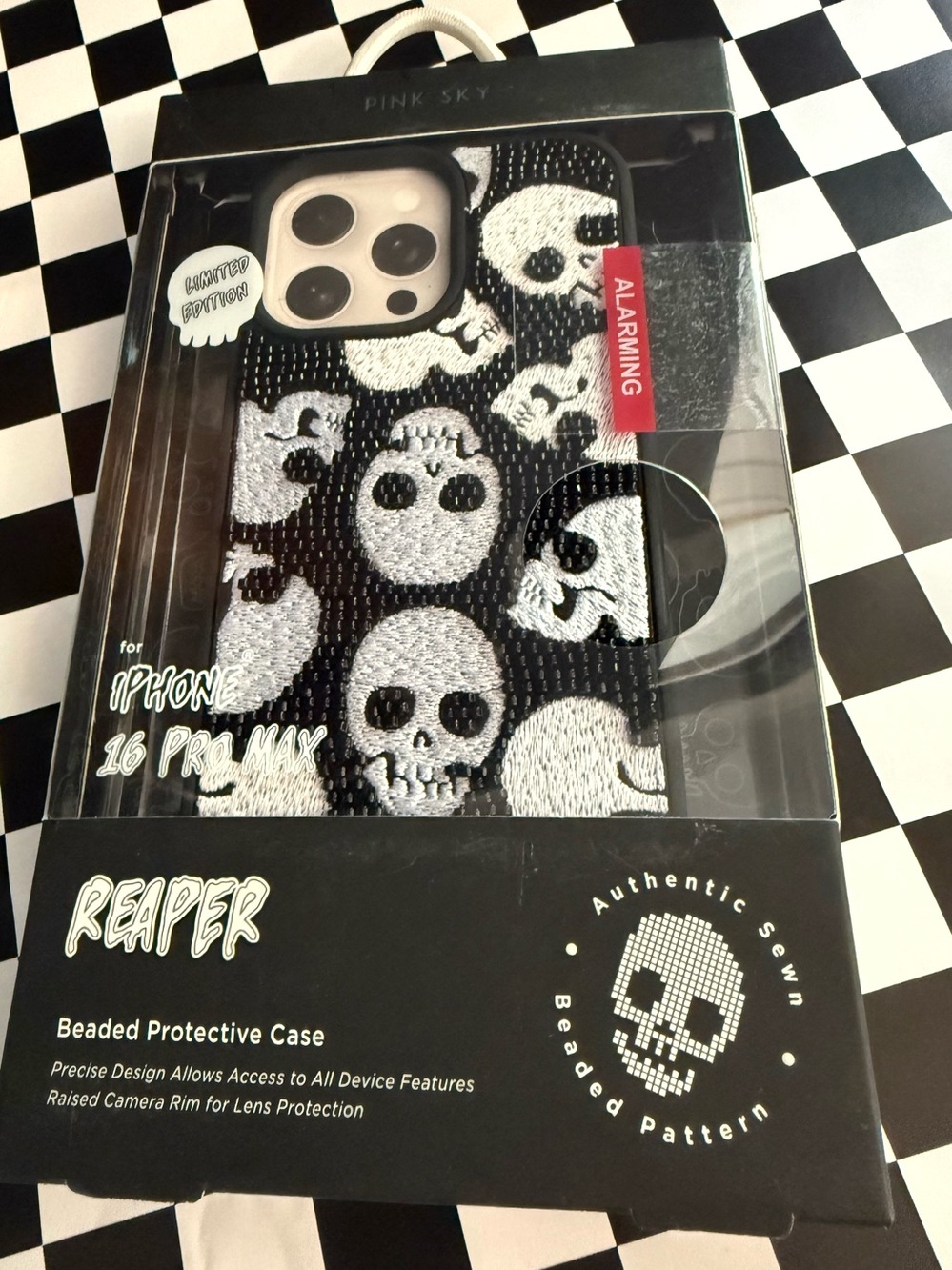Pink Sky Reaper Beaded Skull iPhone 16 Pro Max Case — Black/White